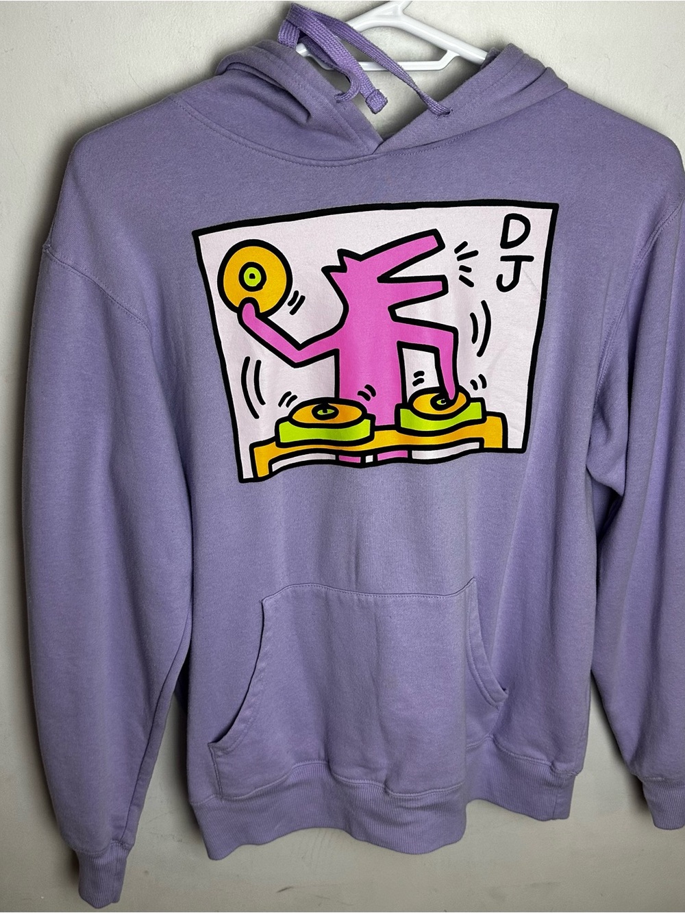 Keith Haring DJ Dog Graphic Hoodie Men's Large Pop Art Sweatshirt Purple Neon